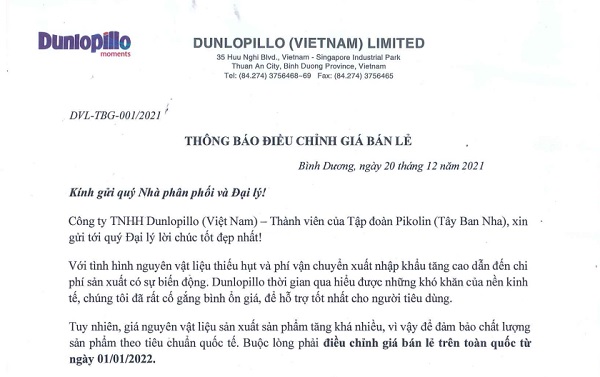 Dunlopillo 2022 - Điều chỉnh giá đệm cao su, đệm lò xo