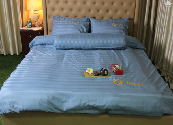 Chăn ga gối khách sạn Olympia cotton lụa 7 món xanh lam OCL7M07