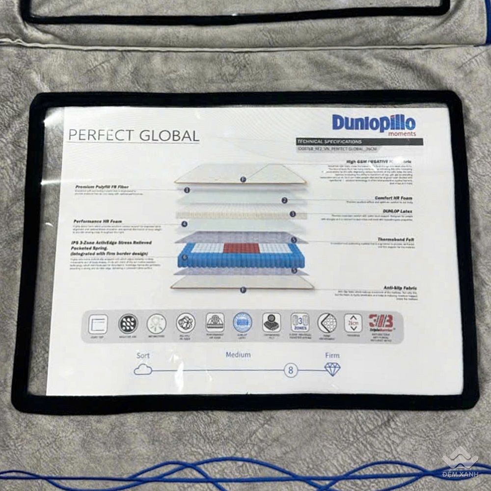 Đệm lò xo túi độc lập Dunlopillo Perfect Global 26cm 3 vùng phân lập, kết hợp cao su